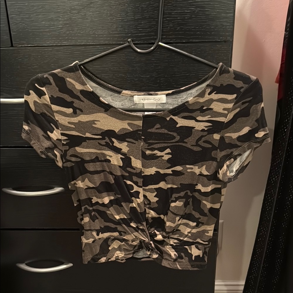 Express Camo Print Knot Front Top